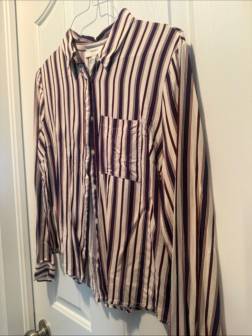 Forever 21 Cream and Burgundy Striped Button-Up Shirt - Picture 3 of 4